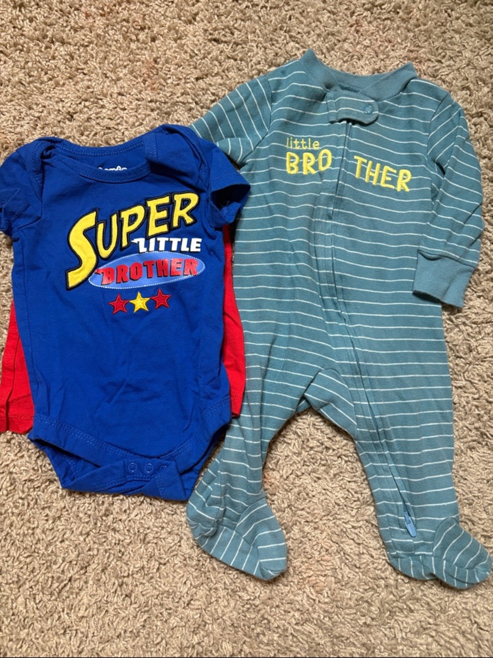 "Super Little Brother" One-Piece Bodysuit and footie pj sleeper